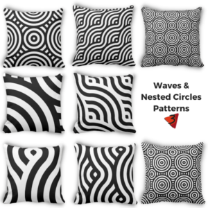 wave and nested circle patterns in black and white decorate the throw pillows