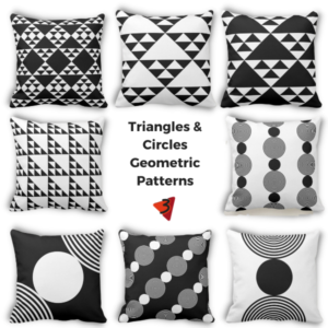 geometric triangles and circles patterns in black and white decorate the throw pillows