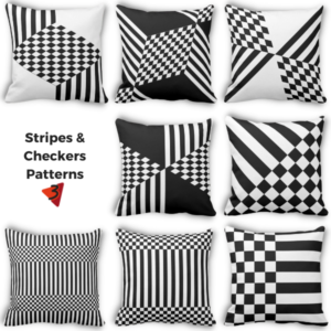 a stripes and checker patterns in black and white decorate the accent pillows