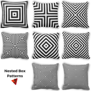 nexted box patterns in black and white decorate the accent cushions