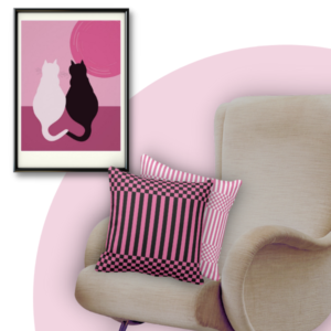 Black and white cat pair at sunrise wall decor with pink and black checker & stripes patterned pillows