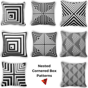 a nested cornered box patterns in black and white decorate the decorative pillows