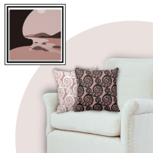 seascape smoky pink wall decor with pink and black curls patterned pillows