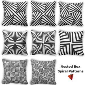 nexted boxed spiral patterns in black and white decorate the decorative pillowss