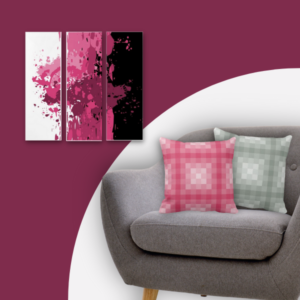 pink splatter triptych, set of three vertical panels art print