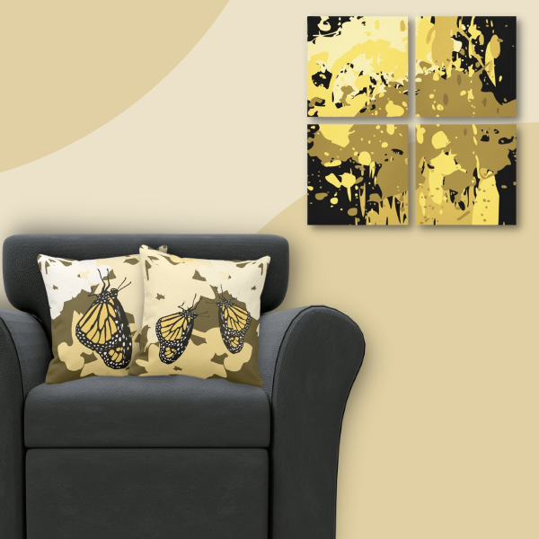 yellow splatter art as set of four meets accent pillows with yellow monarch butterfly
