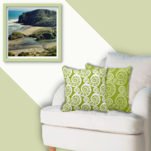 fern curls pattern on green and white pillows complement a beach photo decor