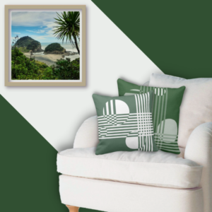 white and green pillow with stripes and circles complement Bethells Beach photo wall hanging