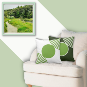 minimalist green and white circle patterned pillow and NZ bush track photo decor