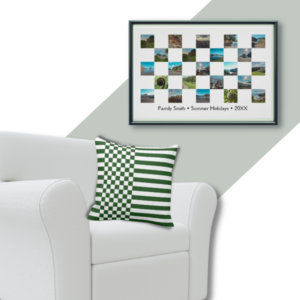 Checker Instagram photo collage poster with green and white checker and stripes patterned throw pillow