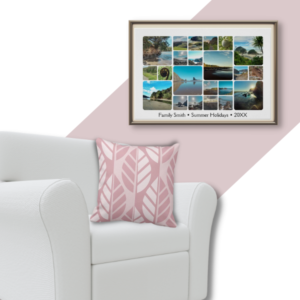 Custom destination travel Instagram photo collage poster complemented with pink leaves patterned throw pillow