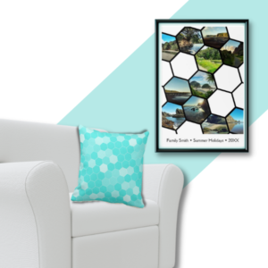 Custom destination travel honeycomb pattern photo collage poster complemented with turquoise hexagon patterned throw pillow