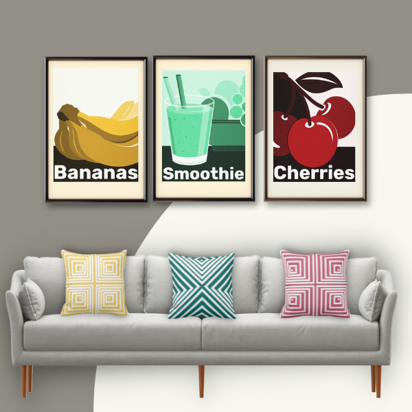 Banana, Cherry, Smoothie, a set of three digital art prints for the dining area