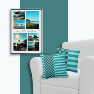 Stripes and checkers pattern on turquoise throw pillow complements a NZ photo collage wall decor