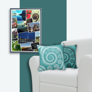 Curl pattern on turquoise throw pillow for a summer complements a NZ photo collage