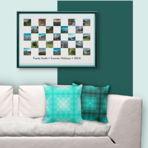 pixel pattern on turquoise pillows for a summer complements a NZ checker photo collage