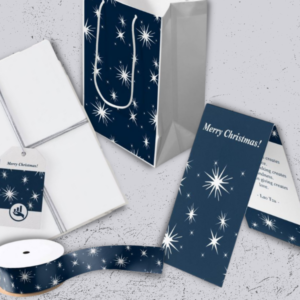 White and blue financial planner Christmas card, tag and bags