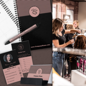 Hair stylist business card and promotional marketing materials in black and pink, customizable