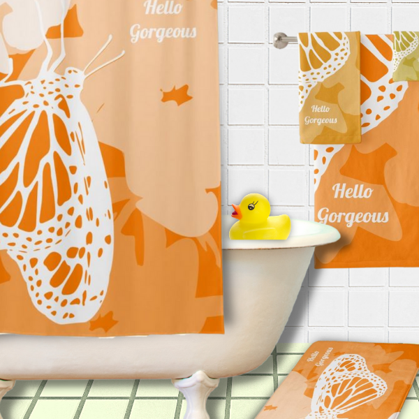 Hello Gorgeous - orange and white butterfly bathroom decor