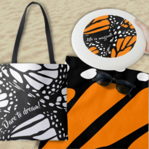 Motivational - Dare to dream - monarch butterfly beach accessories in orange, white, black