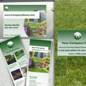 Green lawn care service marketing material, garden sign, rack card, car magnet, to spread the word