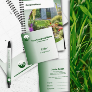 Green lawn care service marketing material, refer a neighbour