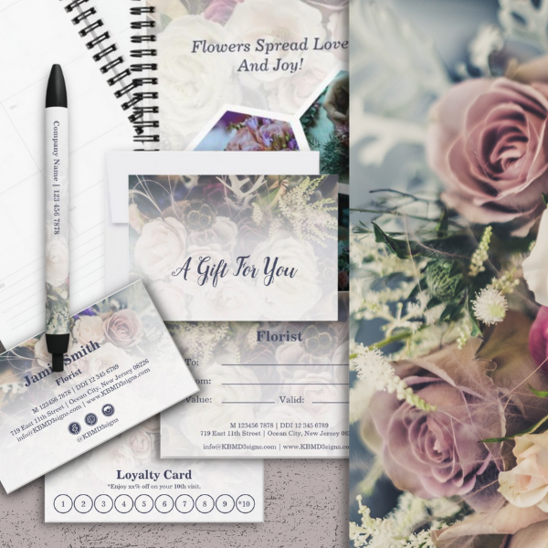 florist shop first impression, planner with floral photo design, florist gift card, florist loyalty card