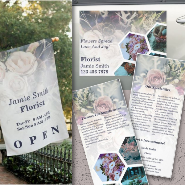 florist shop flag, flyer, and car magnet to spread the word about specialties and services