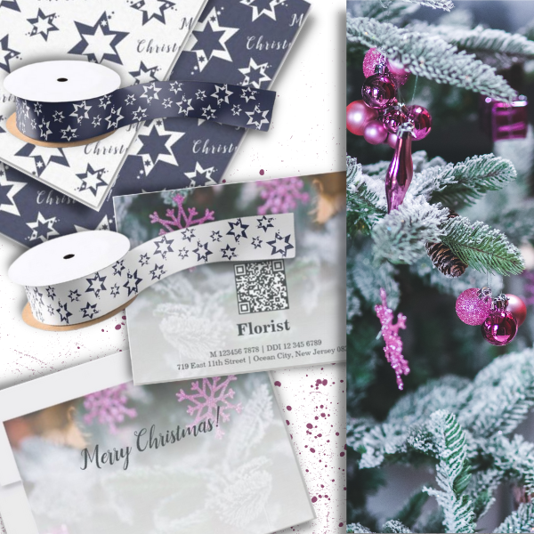 Merry Christmas with a floral note card and stary wrapping paper