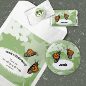 Monarch Butterfly Theme Kids Birthday Party Favor Bag, Button, Mints and Chocolate