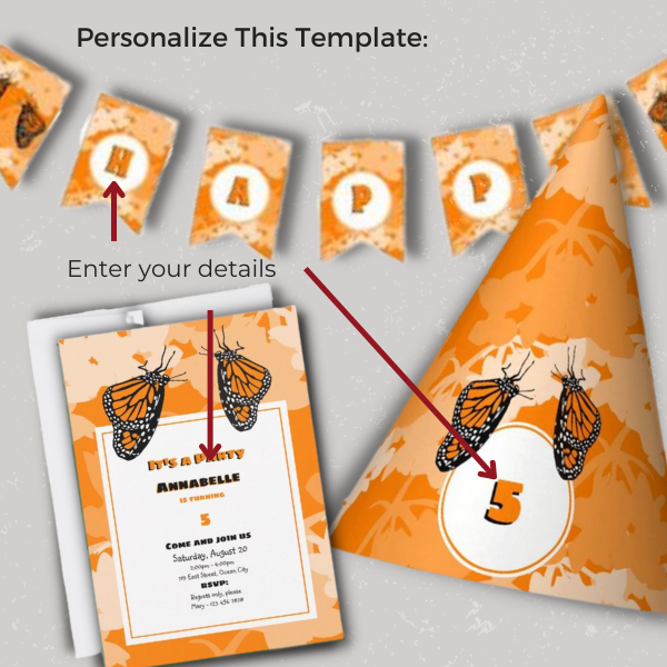 How to personalize the butterfly birthday party invitation, bunting banner, and hat?