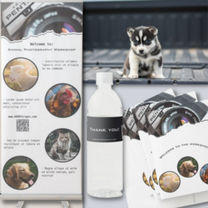Customizable animal photography workshop accessories, retractable banner, workshop folder, branded bottle label