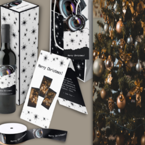 Christmas photographers promotional material, Christmas card, ribbon, bag, tag, wine box, wine bottle label