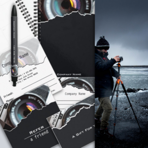 Photographer promotional accessories in black and white, planner, pen, refer a friend, gift card