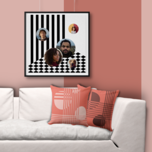 set of 2 throw pillows in black and white with cornered pattern and a Instagram portrait collage