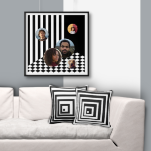 set of 2 black and white throw pillows with cornered pattern and a portrait collage