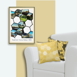 yellow hexagon patterned set of 2 throw pillows with honeycomb arranged Instagram collage