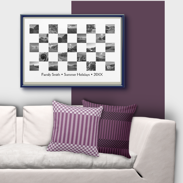 Set of 2 purple checker and stripes patterned throw pillows with Instagram collage organized in checkers