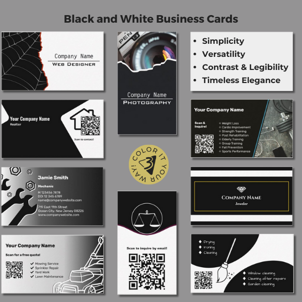 9 Business Cards Designs in Black & White, Simplicity, Versatility, Contrast, Legibility, Timeless Elegance