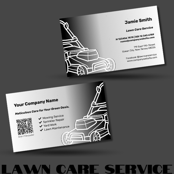 Black and white lawn care service business card with QR code