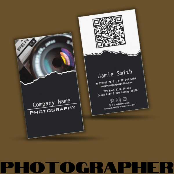 Black and white photographer business card with photo and QR code