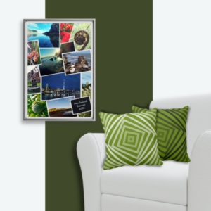 NZ vacation photo collage wall decor meet spiral box patterned green pillows