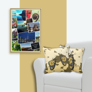 NZ vacation photo collage wall decor meet butterfly patterned yellow pillows