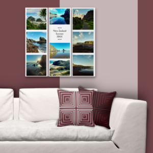vacation photo collage wall decor meet cornered patterned red pillows