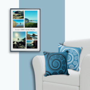 beach vacation photo collage wall decor meet typography curl patterned blue pillows