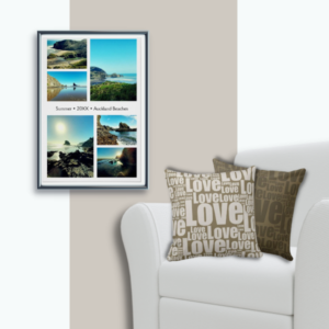 NZ vacation photo collage wall decor meet typography love patterned brown pillows