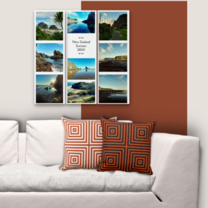 photo collage wall decor meet nested box patterned orange pillows