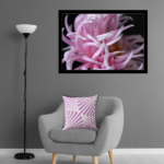 Chilean Flamingo, pink art print meets a purple-pink and white pillow