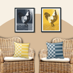 Set of 2 poster prints with a yellow and blue rooster with 2 throw pillows with checkers and stripes pattern in blue and yellow