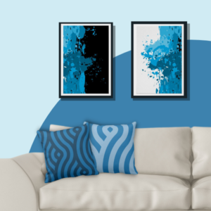 Set of 2 poster prints with blue splatter art with 2 throw pillows with wave pattern in blue
